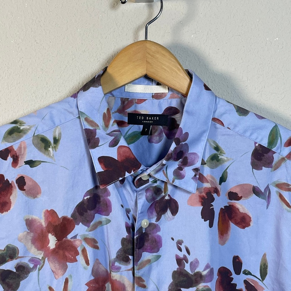 Ted Baker London Floral Camp Shirt Men 7 3XL Blue Watercolor Cotton Short Sleeve - Picture 2 of 8